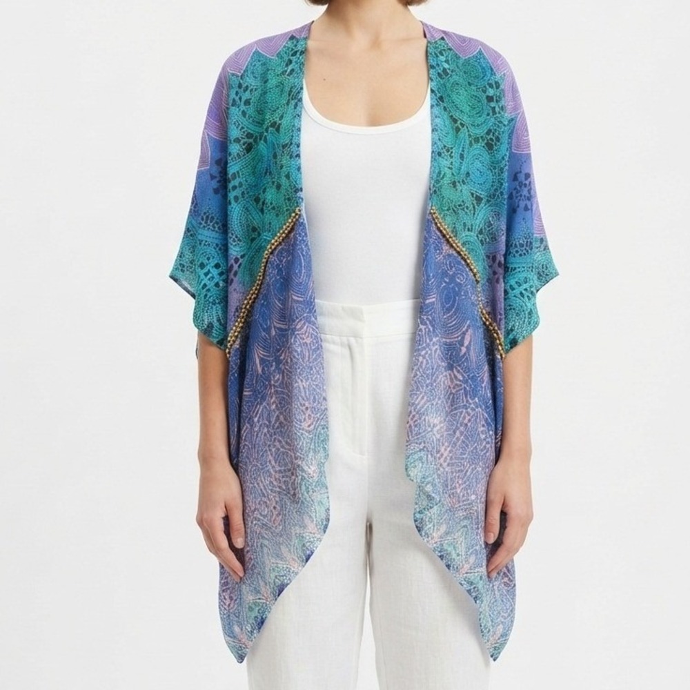 Soft Surroundings Kimono Wrap Womens One Size Blue Purple Lotus Boho Beaded